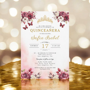 Floral Bourgogne Vlinder Prinses Quinceanera Kaart