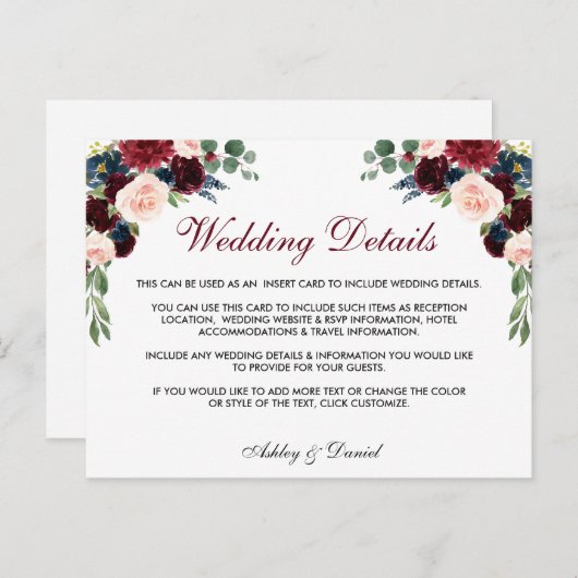 Floral Bourgondië blauw bruiloft details invoegen  Briefkaart (Voorkant / Achterkant)