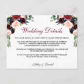 Floral Bourgondië blauw bruiloft details invoegen  Briefkaart (Voorkant)