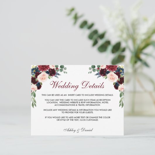 Floral Bourgondië blauw bruiloft details invoegen  Briefkaart (Staand voorkant)