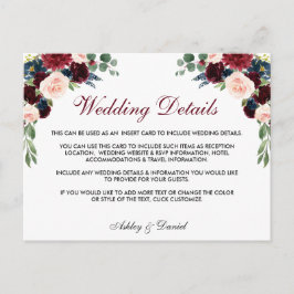 Floral Bourgondië blauw bruiloft details invoegen  Briefkaart