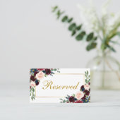 Floral Bourgondië Blauw Bruiloft Gereserveerd Plaatskaartje (Staand voorkant)