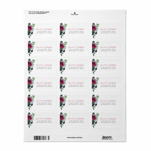 Floral Bourgondië Blauw Huwelijk RSVP Adres Etiket (Full Sheet)