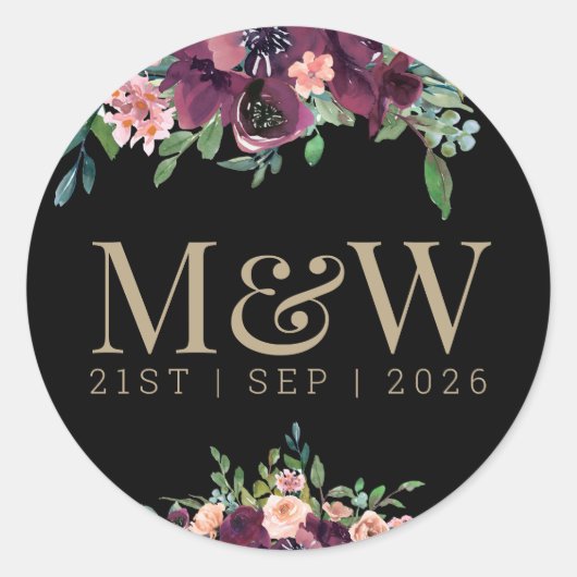 Floral Bourgondië bruid bruidegom Monogram Goud Zw Ronde Sticker (Voorkant)