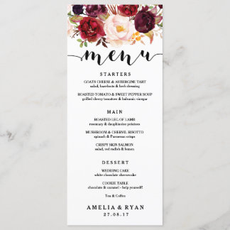 Floral Bourgondië Bruiloft Menu Kaart