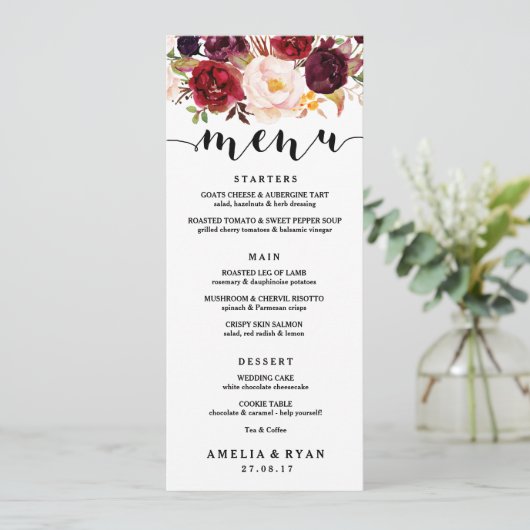 Floral Bourgondië Bruiloft Menu Kaart (Staand voorkant)