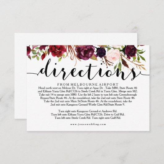 Floral Bourgondië Bruiloft Routebeschrijving Info  Informatiekaartje (Voorkant / Achterkant)
