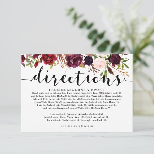 Floral Bourgondië Bruiloft Routebeschrijving Info  Informatiekaartje (Staand voorkant)