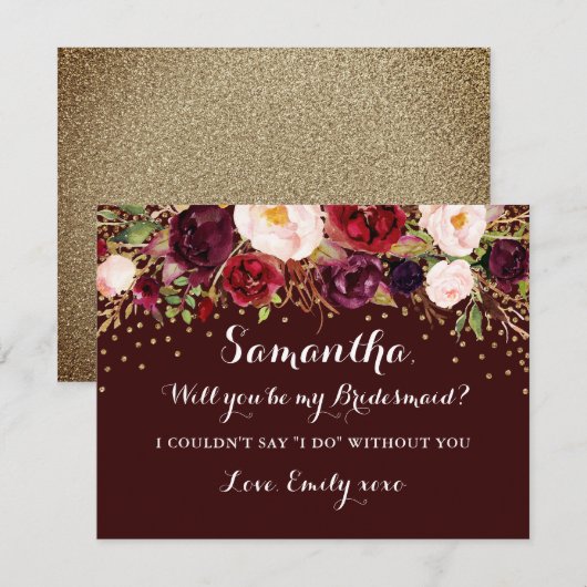 Floral Bourgondië Gold, je wordt mijn bruidsmeisje Kaart (Voorkant / Achterkant)