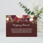 Floral Bourgondië Goud Bruiloft Receptie Details Informatiekaartje (Staand voorkant)