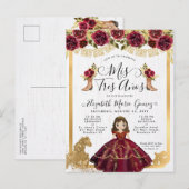 Floral Bourgondië Goud Prinses Mis 3 Años Verjaard Uitnodiging Briefkaart (Voorkant / Achterkant)