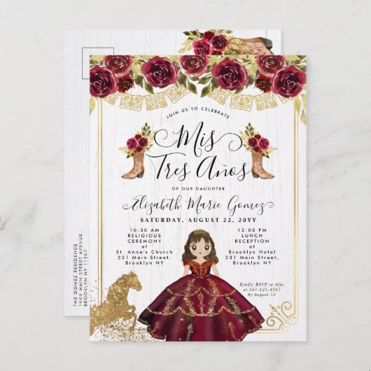 Floral Bourgondië Goud Prinses Mis 3 Años Verjaard Uitnodiging Briefkaart (Voorkant / Achterkant)