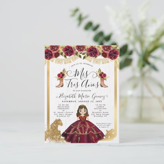 Floral Bourgondië Goud Prinses Mis 3 Años Verjaard Uitnodiging Briefkaart (Staand voorkant)