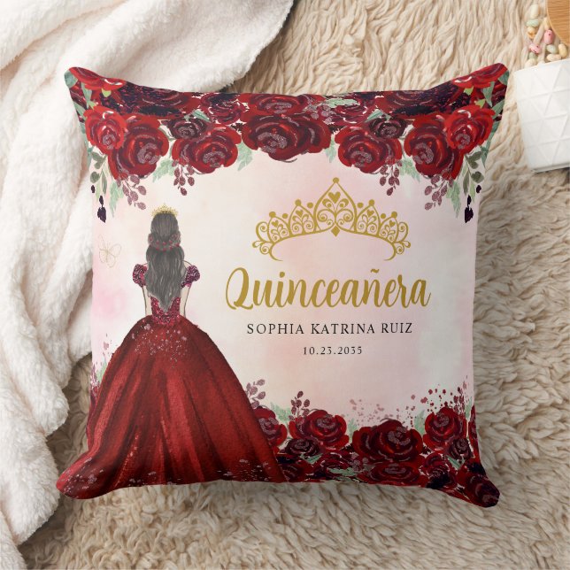Floral Bourgondië Goud Prinses Tiara Quinceanera Kussen (Deken)