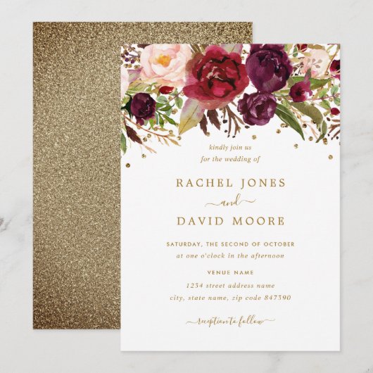 Floral Bourgondië Gouden Confetti Huwelijksuitnodi Kaart (Voorkant / Achterkant)