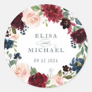Floral Bourgondië Navy Blush gepersonaliseerd Ronde Sticker