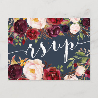 Floral Bourgondië Navy bruiloft RSVP Briefkaart