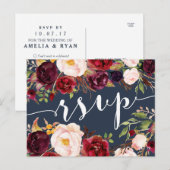 Floral Bourgondië Navy bruiloft RSVP Briefkaart (Voorkant / Achterkant)