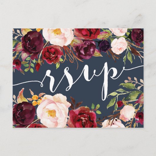 Floral Bourgondië Navy bruiloft RSVP Briefkaart (Voorkant)