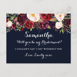 Floral Bourgondië Navy, je wordt mijn bruidsmeisje Kaart
