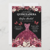 Floral Bourgondië QR Code Princess Quinceanera Kaart (Voorkant)