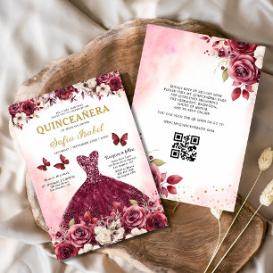 Floral Bourgondië QR Code Princess Quinceanera Kaart