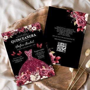 Floral Bourgondië QR Code Princess Quinceanera Kaart