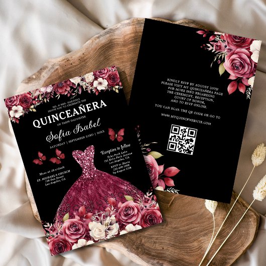 Floral Bourgondië QR Code Princess Quinceanera Kaart