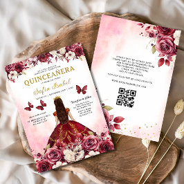 Floral Bourgondië QR Code Princess Quinceanera Kaart