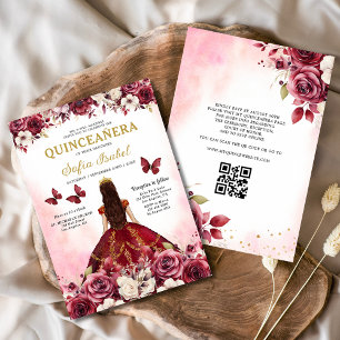 Floral Bourgondië QR Code Princess Quinceanera Kaart