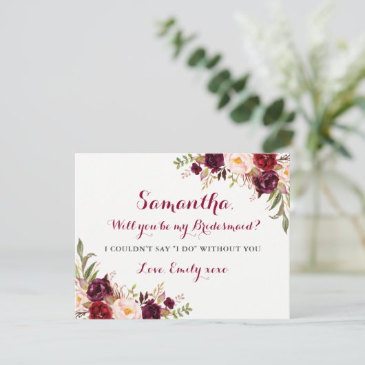 Floral Bourgondië rood wordt mijn bruidsmeisje Kaa Kaart (Staand voorkant)