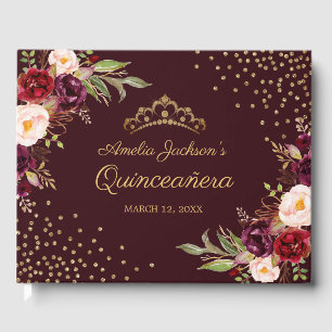 Floral Bourgondië Sparkle Quinceanera Guest Book Gastenboek