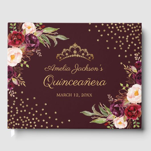 Floral Bourgondië Sparkle Quinceanera Guest Book Gastenboek (Voorkant)