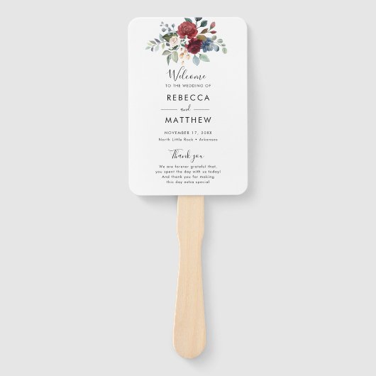 Floral Bourgondië Waterverf Script bruiloft progra Handwaaier (Voorkant)