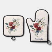 Floral Bourgondië Waterverf Script gepersonaliseer Ovenwant & Pannenlap Set (Voorkant)