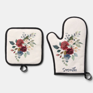 Floral Bourgondië Waterverf Script gepersonaliseer Ovenwant & Pannenlap Set