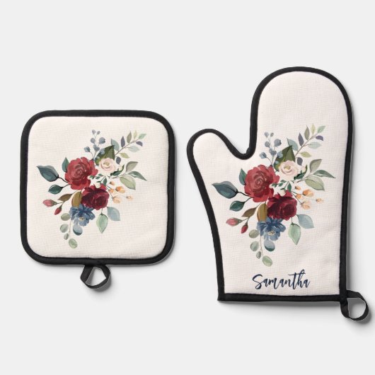 Floral Bourgondië Waterverf Script gepersonaliseer Ovenwant & Pannenlap Set (Voorkant)