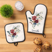 Floral Bourgondië Waterverf Script gepersonaliseer Ovenwant & Pannenlap Set (Top down)