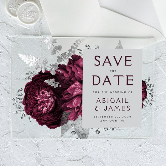 Floral Bourgondië Zilveren bruiloft Save the Date Acryl Uitnodigingen