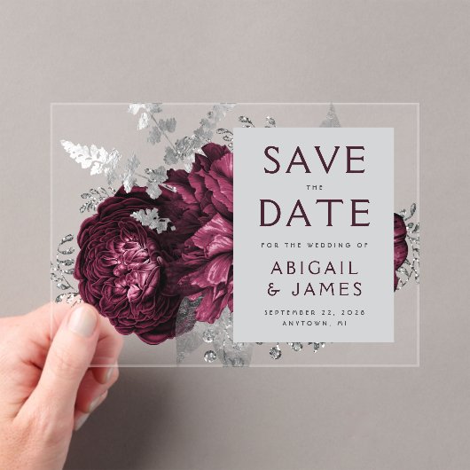 Floral Bourgondië Zilveren bruiloft Save the Date Acryl Uitnodigingen (Insitu (Draagbaar))