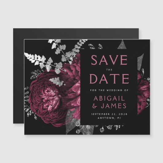 Floral Bourgondië Zilveren bruiloft Save the Date Magnetische Uitnodiging (Voorkant / Achterkant)
