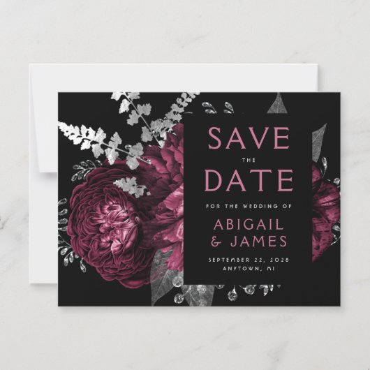 Floral Bourgondië Zilveren bruiloft Save the Date Magnetische Uitnodiging (Voorkant)