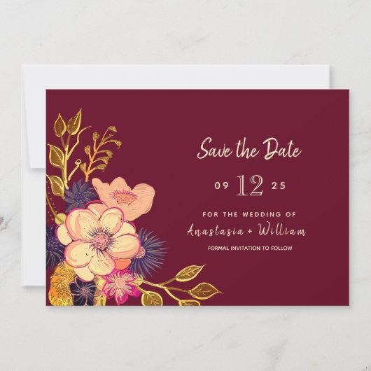 Floral Bourgondische bruiloft Save the Date (Voorkant)