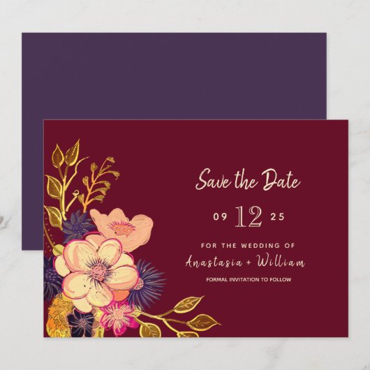 Floral Bourgondische bruiloft Save the Date (Voorkant / Achterkant)