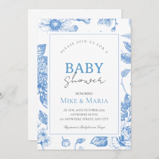 Floral bow boy baby shower invitation kaart (Voorkant / Achterkant)