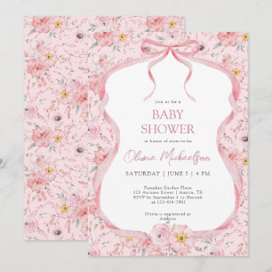 Floral Bow Coquette Roze Lint Meisje Baby shower Kaart