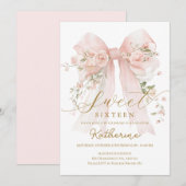 Floral Bow Coquette Sweet Sixteen Uitnodiging (Voorkant / Achterkant)