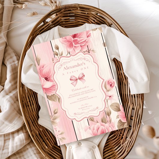 Floral Bow Fancy ONE Girl 1st Birthday Kaart