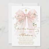 Floral Bow First Holy Communion Invitation Kaart (Voorkant)