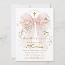 Floral Bow First Holy Communion Invitation
